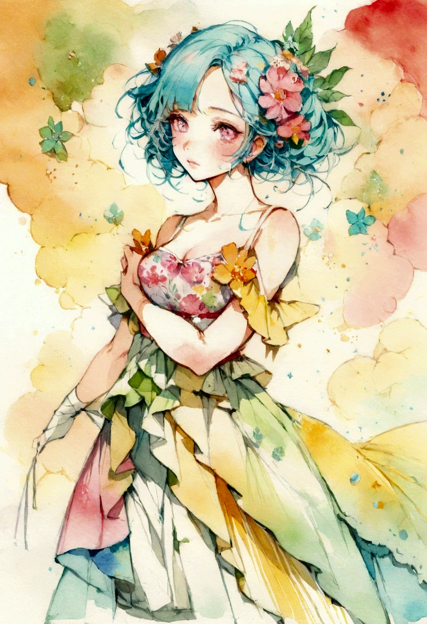 a painting of a woman in a colorful dress, a gouache by Carne Griffiths, pinterest, figurative art, mixed media, watercolor, feminine