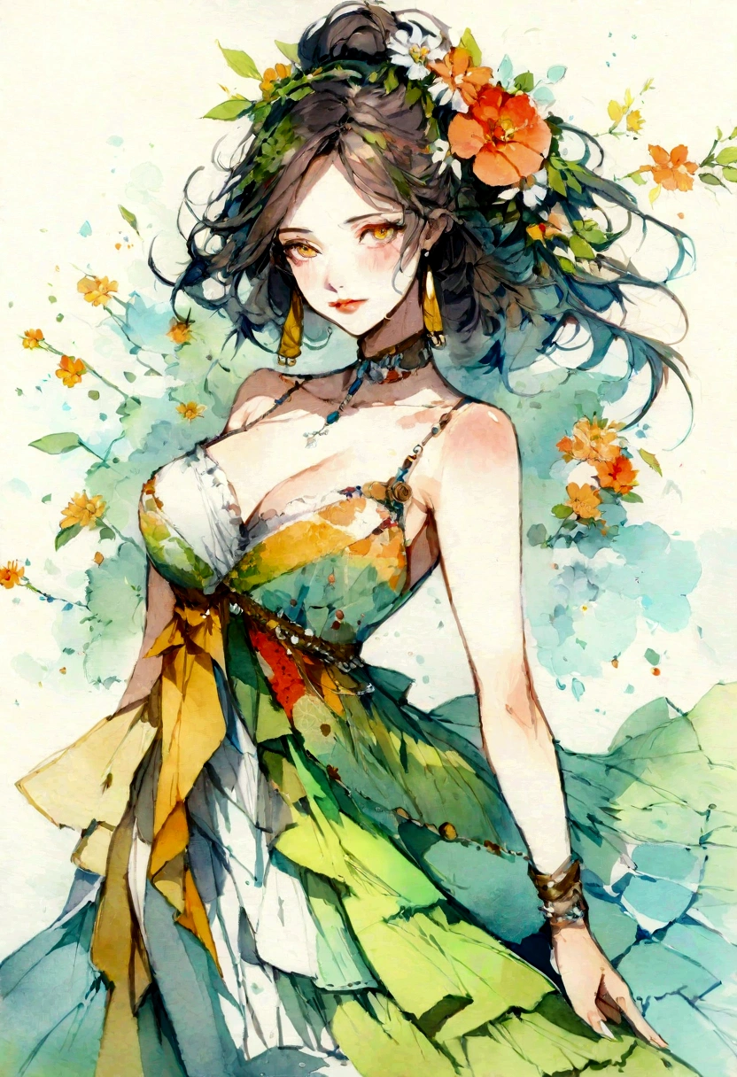 a painting of a woman in a colorful dress, a gouache by Carne Griffiths, pinterest, figurative art, mixed media, watercolor, feminine