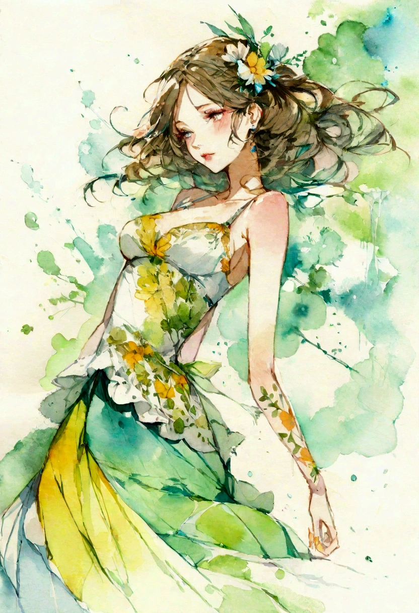 a painting of a woman in a colorful dress, a gouache by Carne Griffiths, pinterest, figurative art, mixed media, watercolor, feminine