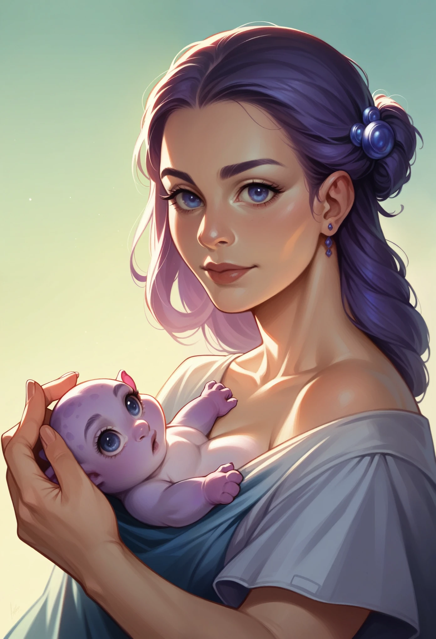 fantasy concept art, a mother and her  breastfeeding, beautiful light decorations, wide shot, 8k octane rendering, photorealistic, epic shot, cinematic lighting, the babyailed, lilac sky detailed