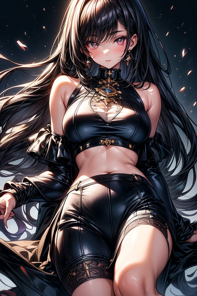 ((highest quality)),(ultra high resolution),(Super detailed),(detailed description),((best CG)),(best work of art),super precision art, great drawing art,(Art with precise details:1.5), (ung girl:1.5), beautiful and well-shaped face:1.5,(Beautiful skin with precise and detailed depiction:1.6),(sleeveless halter neck crop shirt, knee length gym shorts ),gorgeous, masterpiece, best quality, high-resolution, finely detailed, extremely detailed and beautiful, distinct-image, 1 girl, 16 year old teen, solo, sharp facial features, oval shaped face. cherry pink lips, lightly tanned white skin. velvet-colored eyes, C-cup breasts, tall height(175cm), slim yet chiseled body type, short shoulder length dark violet-black hair, small narrow waist, long and slender legs, curvy wide hips, elegant gothic courtyard setting