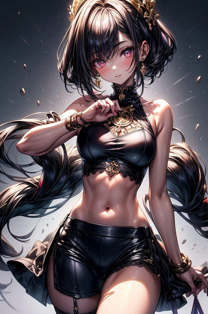 ((highest quality)),(ultra high resolution),(Super detailed),(detailed description),((best CG)),(best work of art),super precision art, great drawing art,(Art with precise details:1.5), (ung girl:1.5), beautiful and well-shaped face:1.5,(Beautiful skin with precise and detailed depiction:1.6),(sleeveless halter neck crop shirt, knee length gym shorts ),gorgeous, masterpiece, best quality, high-resolution, finely detailed, extremely detailed and beautiful, distinct-image, 1 girl, 16 year old teen, solo, sharp facial features, oval shaped face. cherry pink lips, lightly tanned white skin. velvet-colored eyes, C-cup breasts, tall height(175cm), slim yet chiseled body type, short shoulder length dark violet-black hair, small narrow waist, long and slender legs, curvy wide hips, elegant gothic courtyard setting
