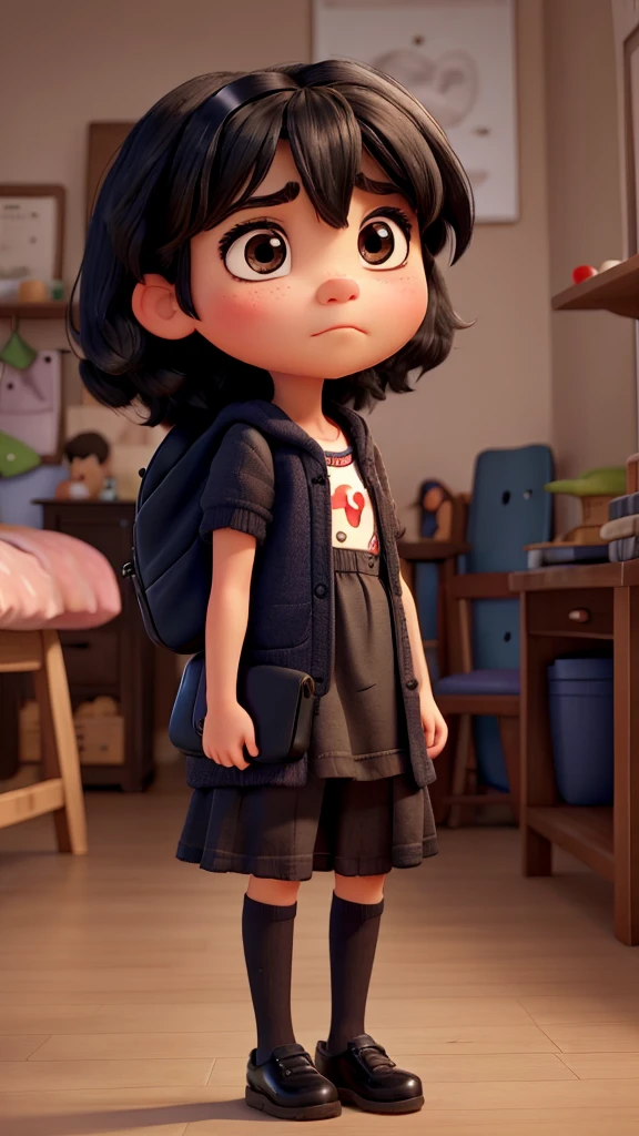 A cute small girl with black hair, pouting with a sad face, Pixar style, adorable, beautiful eyes