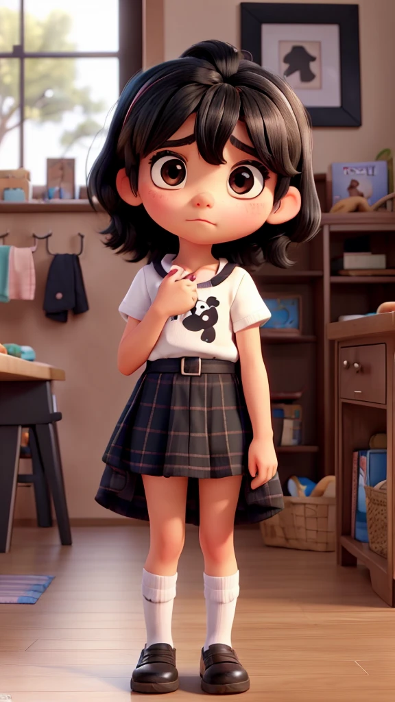 A cute small girl with black hair, pouting with a sad face, Pixar style, adorable, beautiful eyes