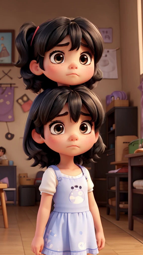 A cute small girl with black hair, pouting with a sad face, Pixar style, adorable, beautiful eyes
