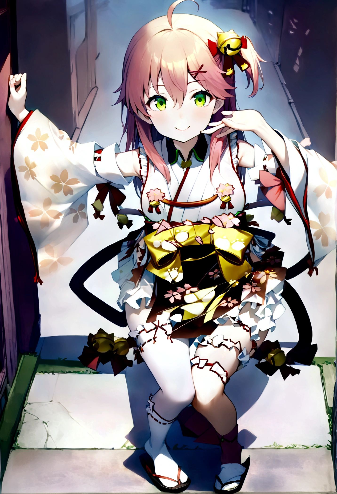 ((masterpiece,Highest quality)),One girl, Day, kimono, View your viewers, Recall, Outdoor, Are standing, Miko 1, sakura miko, Green Eyes, alone, Ahoge, X Hair Ornament, Pink Hair, Single knee socks, Side bust, Hair Clip, Hair Bell, Floral print, Long Hair, Hair between the eyes, One side up, White knee socks, Asymmetrical legwear, Wide sleeves,smile