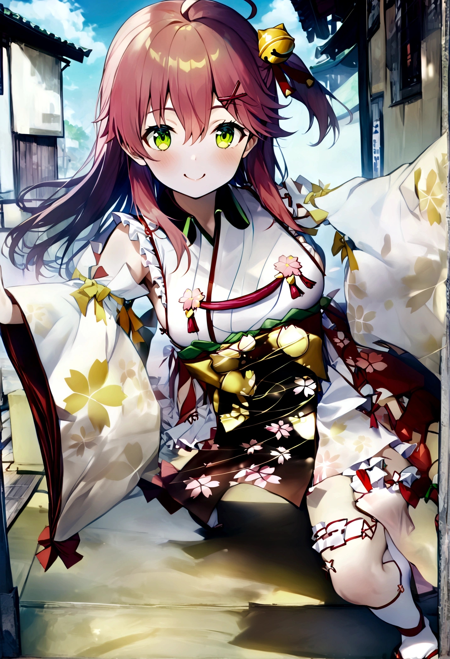 ((masterpiece,Highest quality)),One girl, Day, kimono, View your viewers, Recall, Outdoor, Are standing, Miko 1, sakura miko, Green Eyes, alone, Ahoge, X Hair Ornament, Pink Hair, Single knee socks, Side bust, Hair Clip, Hair Bell, Floral print, Long Hair, Hair between the eyes, One side up, White knee socks, Asymmetrical legwear, Wide sleeves,smile