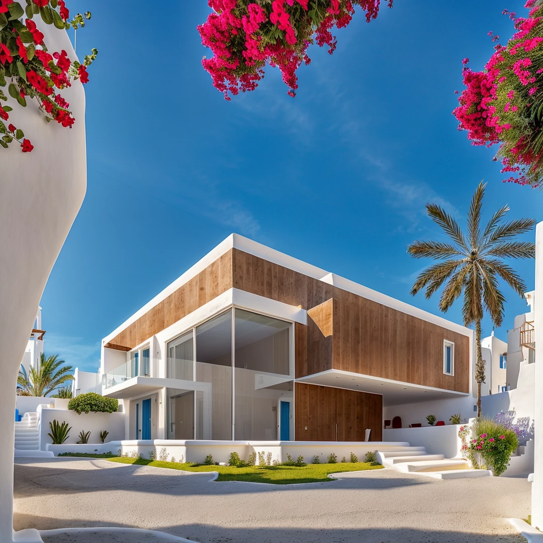 (1 santorini style house, The town house is made from white walls and some walls are painted bright blue)), beautyful light, beautyfulday, sunny, Many red bougainvilleas along the road:1.3, lovely youthful feeling :1.2, sunlight at 12 noon, Very beautiful shadows