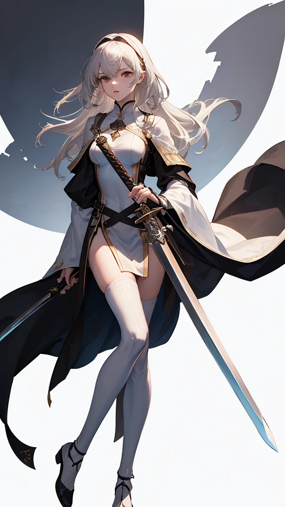 ((Pause)), (To the camera), Character Design, (Young people), ((Female Swordsman), White skin, (Medieval), brown, whole body, Holding a sword, (Perfect quality), Pure white background