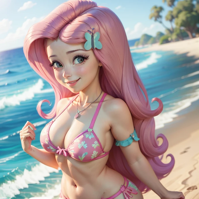 Fluttershy bikini, Fluttershy Equestria girls, Fluttershy curvy, sexy bikini rojo, Fluttershy cute, cute panties, smiling, cute blush, cuerpo completo, cute
