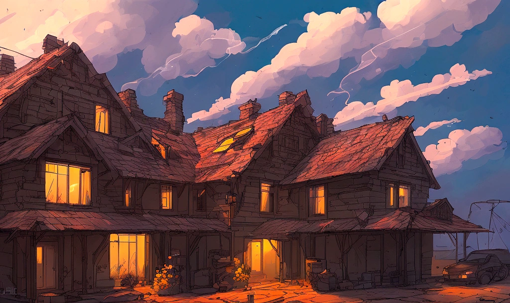 A dilapidated brick house, boarded up windows, slanted roof with chimney, smoke from chimney forming "S M E L L Z", simple, comic style, masterpiece, cinematic lighting, warm colors, moody atmosphere, detailed textures, rough brushstrokes, twisted and distorted, stylized, whimsical, surreal, dream-like, exaggerated proportions, playful, vibrant, dynamic composition, bold colors, high contrast