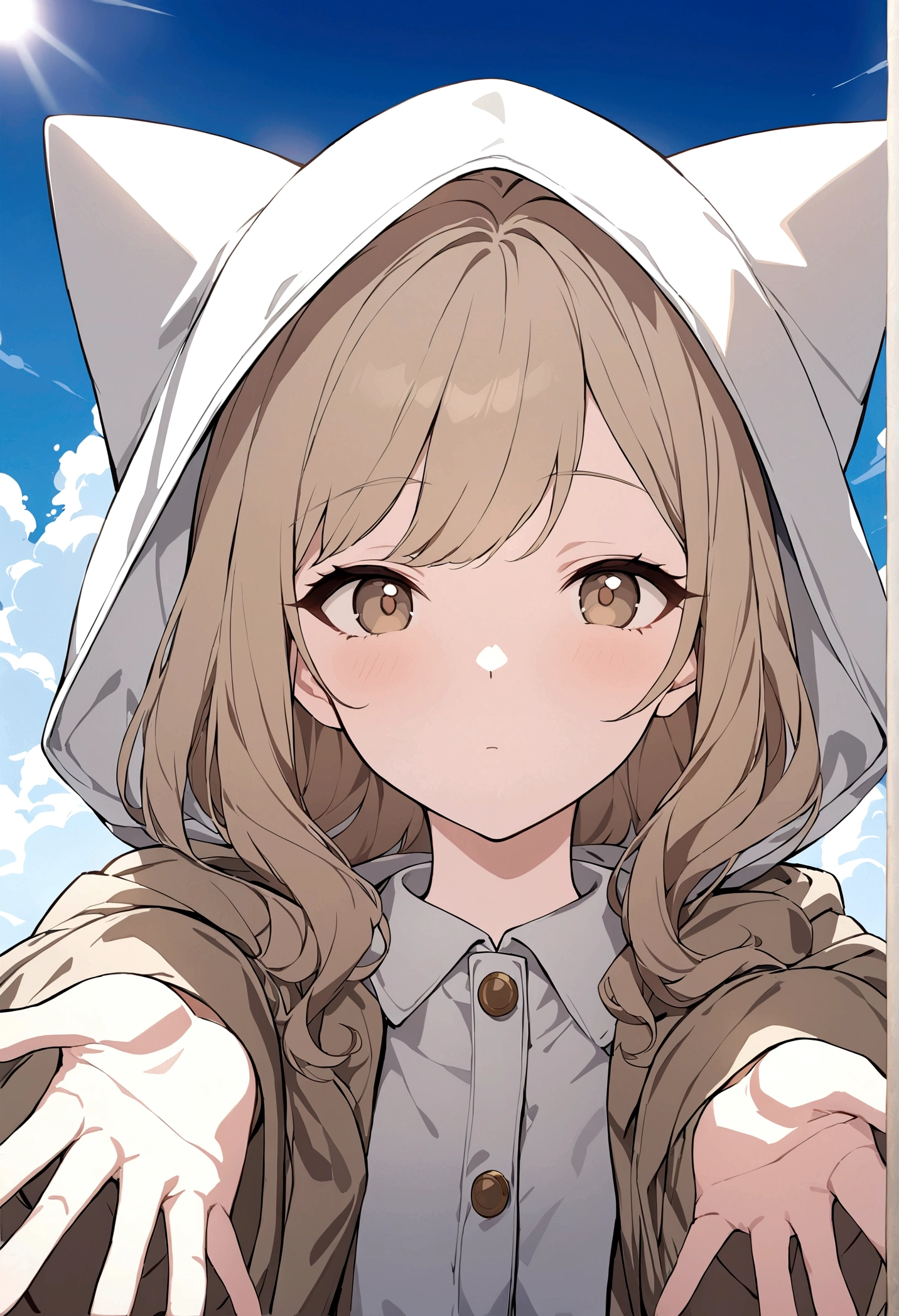 (wallpaper, masterpiece, 32k, 8k) a 17 year old girl looking at the sky with her hand outstretched, overcoat, hood over her head, light brown hair, light brown eyes, (beautiful and heavenly face), sunny sky, effect sunlight on the character