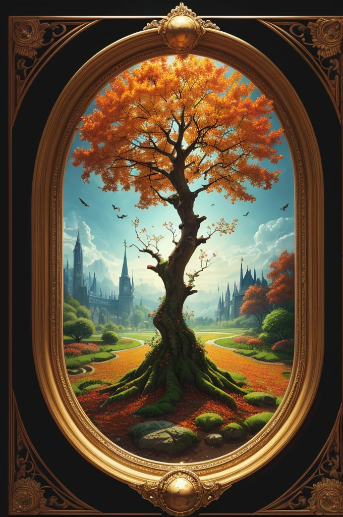 circular tree,four seasons,spring,summer,autumn,winter,leaves,roots,branches,trunk,ornate border,decorative,digital illustration,artwork,movement,time,swirling background,dark background,vibrant colors,natural,life cycle,growth,change,nature,life,peace,harmony,spirituality,symbolism,digital art,illustration,painting,graphic design,art,design,digital media,online art,visual art,fine art,fantasy