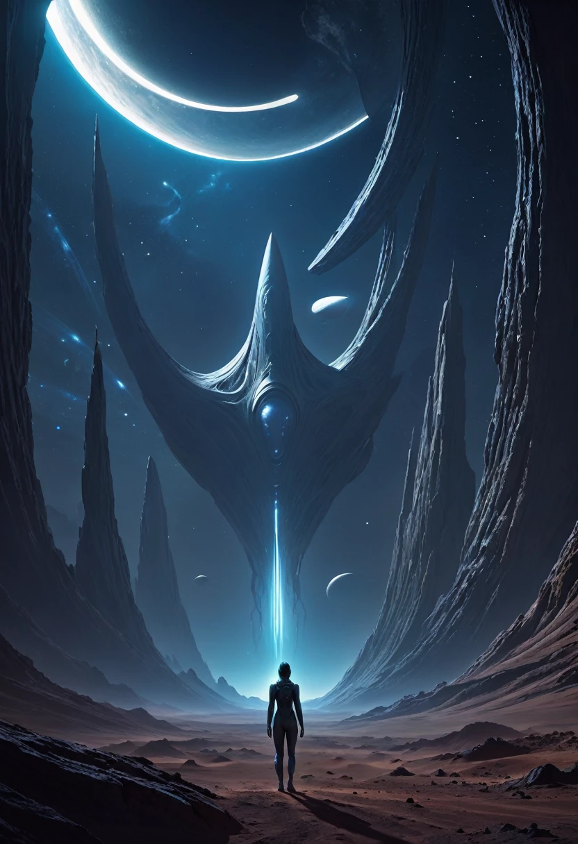 Conceptualize an epic artwork featuring a person in Stillsuit Exploring Alien Worlds, withmask, dark nebula background, focus woman, futuristic technology and space themes with advanced civilizations, extraterrestrial landscapes, and otherworldly structures, emphasize the character's isolation and wonder as they navigate through uncharted territories to create an immersive experience for viewers. trending on artstation, sharp focus, 