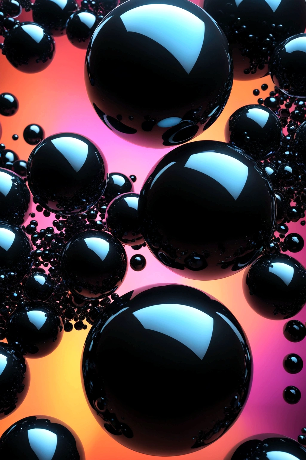 Black crystal spheres floating in a abstract multiple color background, abstract digital art,3D projections!