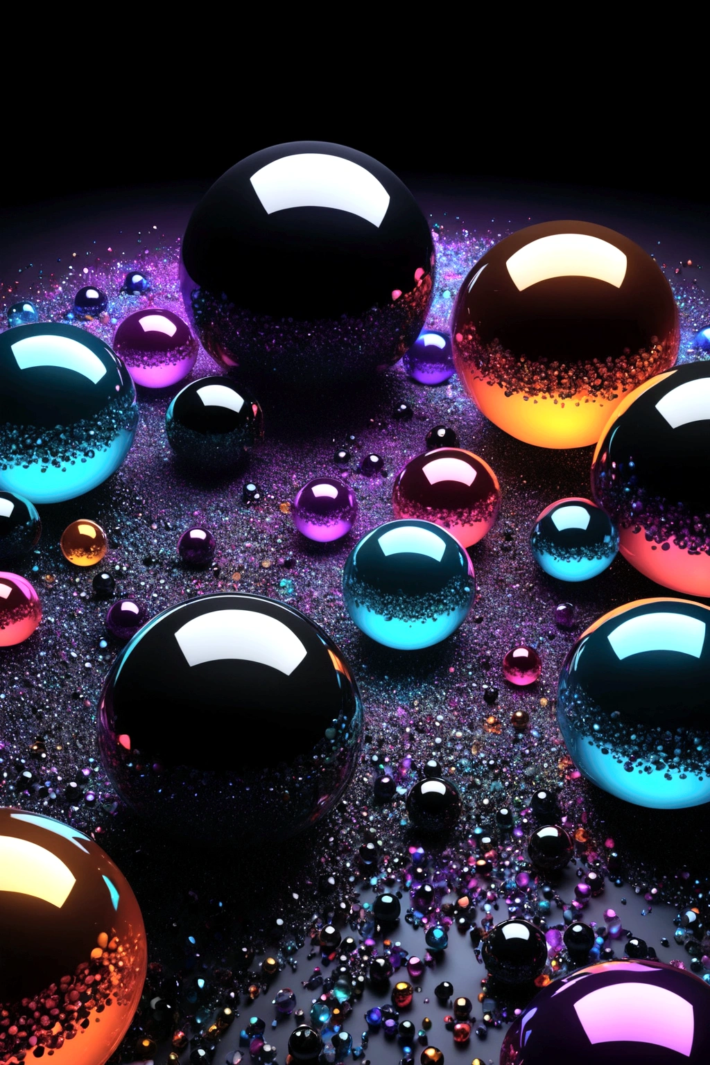 Black crystal spheres floating in a abstract multiple color background, abstract digital art,3D projections!