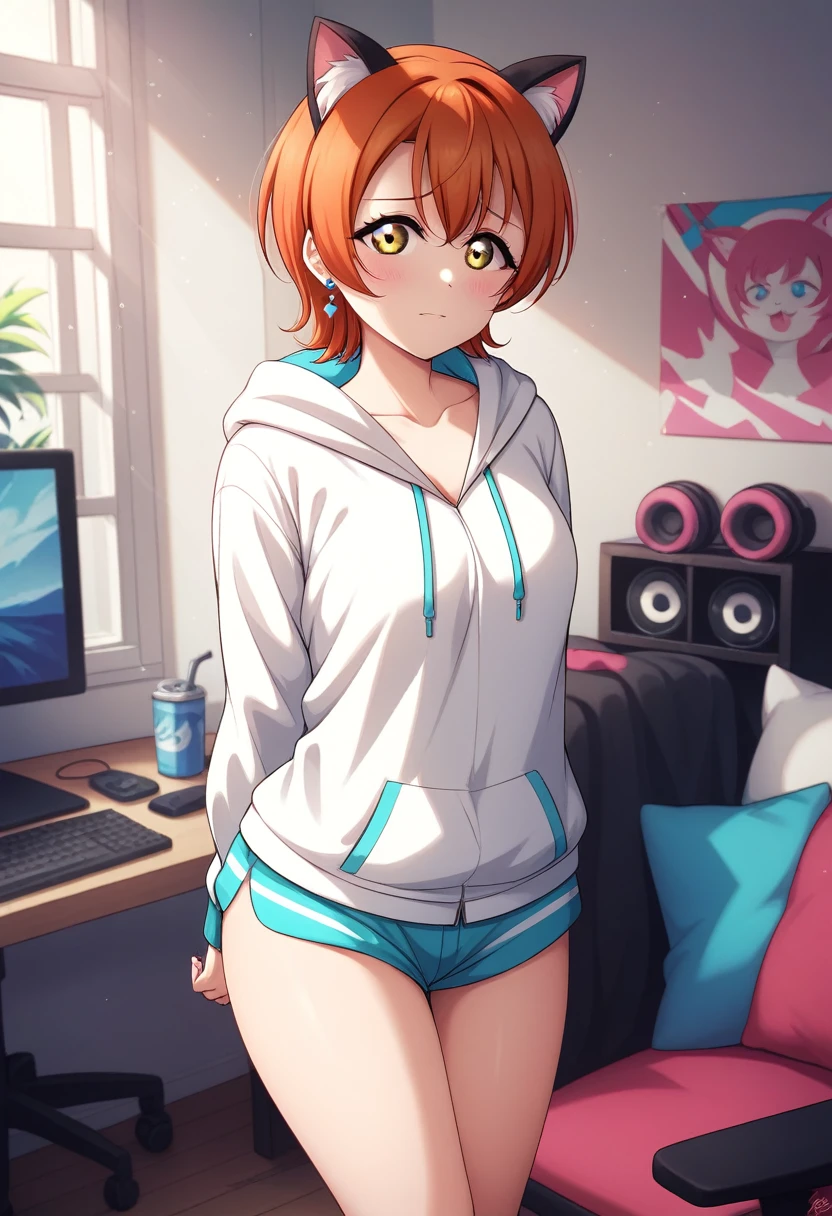 Masterpiece, sksrin, beautiful , facial details, 8k wallpaper, Rin Hoshizora Love Live, short hair, open hoodie, white hoodie,hood up,cat ears, thighs,gamer room, bottomless ,naked , standing, arms behind back , emotional,shy