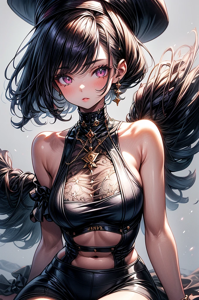 ((highest quality)),(ultra high resolution),(Super detailed),(detailed description),((best CG)),(best work of art),super precision art, great drawing art,(Art with precise details:1.5), (1 young girl:1.5), beautiful and well-shaped face:1.5,(Beautiful skin with precise and detailed depiction:1.6),(sleeveless halter neck crop shirt, knee length gym shorts ),gorgeous, masterpiece, best quality, high-resolution, finely detailed, extremely detailed and beautiful, distinct-image, 1 girl, 16 year old teenager, solo, sharp facial features, oval shaped face. cherry pink lips, lightly tanned white skin. velvet-colored eyes, C-cup breasts, tall height(175cm), slim yet chiseled body type, short shoulder length dark violet-black hair, small narrow waist, long and slender legs, curvy wide hips, elegant gothic courtyard setting