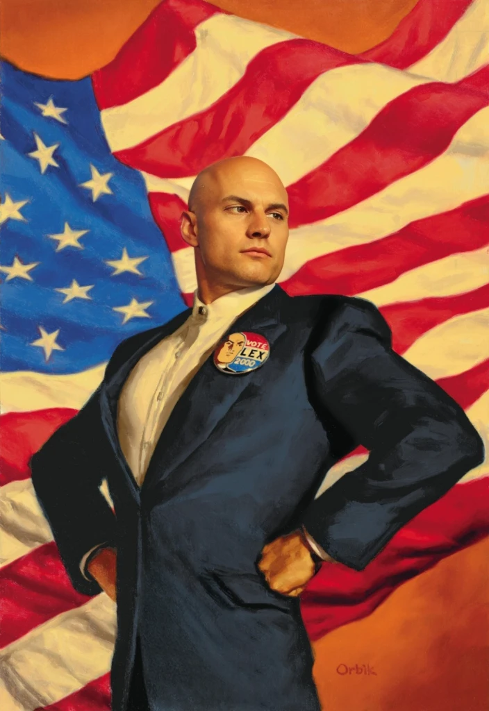 Bald white man in a suit, usa flag in the Background