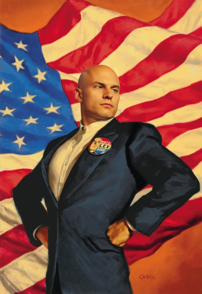 Bald white man in a suit, usa flag in the Background