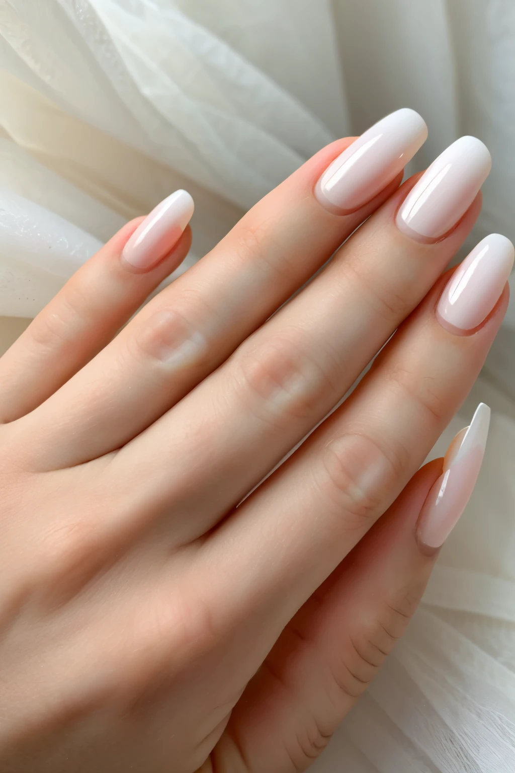 ONLY ONE Folded hand showing fingers and unpainted nails, that each finger can be seen with its nail, including the thumb
