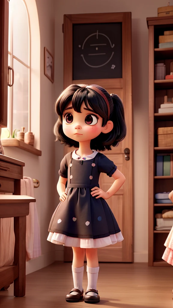 Cute small girl in a cute dress, with black hair, with a sad pouting expression, and longing eyes. Pixar style, adorable