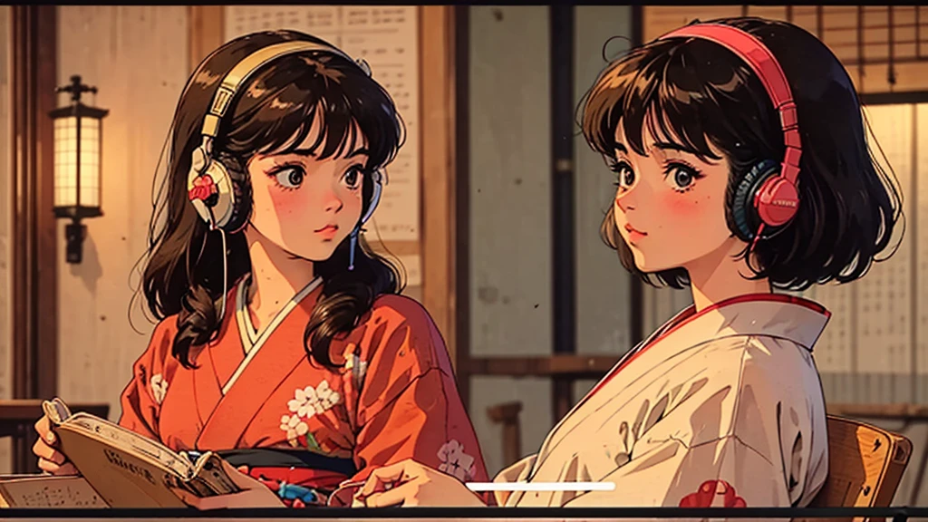 1 girl, A girl in 80s anime style, wearing headphones, retro, lo-fi, outside, outside, kimono, kimono, Japan, Japanese style, Japanese style, festival, Festivals