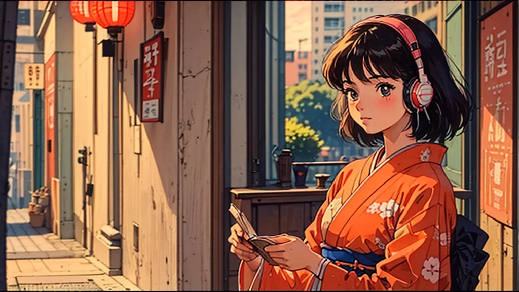 1 girl, A girl in 80s anime style, wearing headphones, retro, lo-fi, outside, outside, kimono, kimono, Japan, Japanese style, Japanese style, festival, Festivals