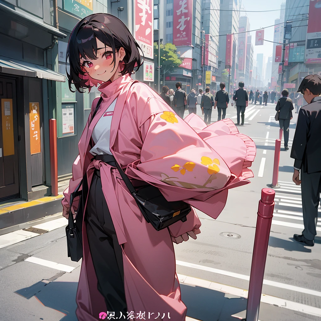 1female, sexy, , tan skin, finely detailed pink eyes, wild medium hair, black hair color, long sleeve uniform, baggy pants, standing on building, day time, tokyo streets, happy expression, flowers, blushing