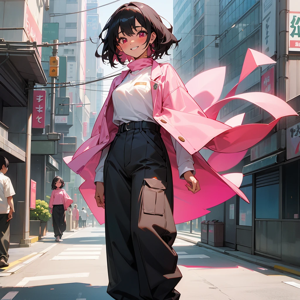 1female, sexy, young , tan skin, finely detailed pink eyes, wild medium hair, black hair color, long sleeve uniform, baggy pants, standing on building, day time, tokyo streets, happy expression, flowers, blushing