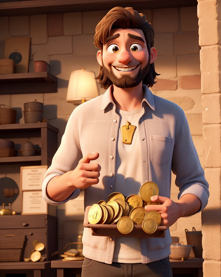 draw a happy man and woman with chests full of gold coins, precious jewels, and Jesus