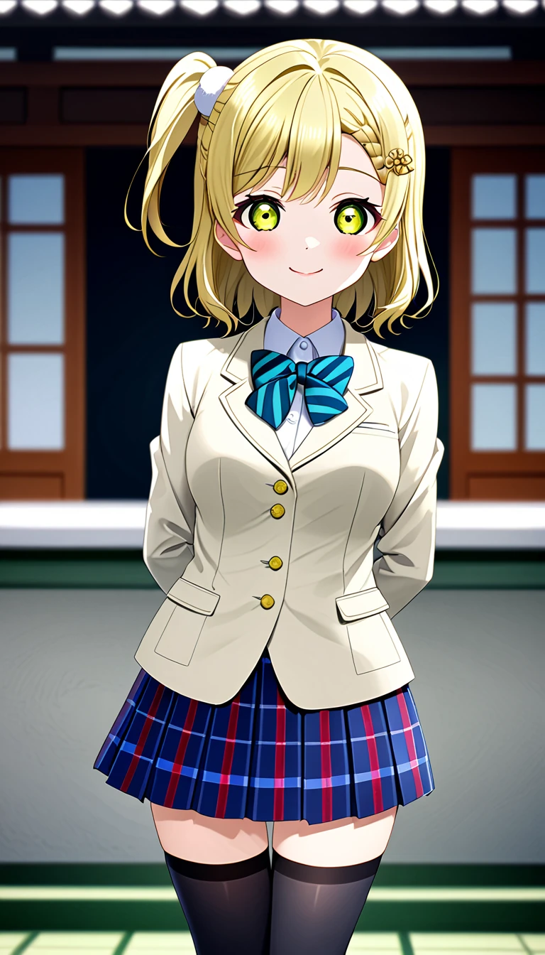 otomune kozue, love live! hasunosora, one side up, otonokizaka winter uniform, ,navy blue jacket,blue bow tie, closed mouth,, looking at viewer, pleated skirt, smile, striped bow, blue striped skirt, blush, plaid skirt, blue striped bowtie, standing,put hands on hip,cowboy shot,in school :d, knee high socks, BREAK score_9, score_8_up, score_7_up, score_6_up, source_anime 