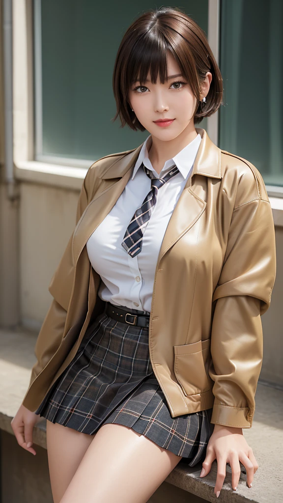 masterpiece, high quality, Fine grain, 
One girl, Hana Midorikawa, short hair, bangs, (Yellow Hair:1.0), (Brown eyes:1.0), blunt bangs,, (Mature Woman, Mature Woman:1.2), Large Breasts, (Volupture:1.2), Thick thighs, expensive, Long legs, Glowing Skin, Oily skin, Shiny skin, smile, (Muscular:0.7), (Genital tattoo:1.0),
alone, View your viewers, Cowboy Shot, School, Windows, hole, (Contrasting:1.2), (School uniform, Brown jacket neck ribbon, Collared shirt, Checkered short skirt:1.2), Black knee socks,  necklace, choker, Thigh straps, Heart Earrings, cleft of venus,  Camel Toe,