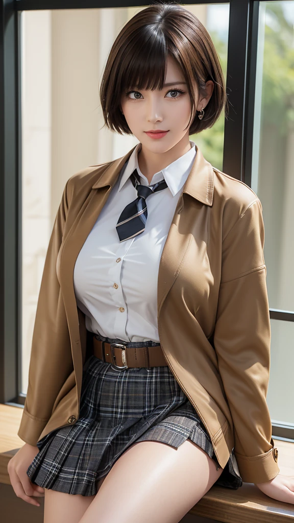 masterpiece, high quality, Fine grain, 
One girl, Hana Midorikawa, short hair, bangs, (Yellow Hair:1.0), (Brown eyes:1.0), blunt bangs,, (Mature Woman, Mature Woman:1.2), Large Breasts, (Volupture:1.2), Thick thighs, expensive, Long legs, Glowing Skin, Oily skin, Shiny skin, smile, (Muscular:0.7), (Genital tattoo:1.0),
alone, View your viewers, Cowboy Shot, School, Windows, hole, (Contrasting:1.2), (School uniform, Brown jacket neck ribbon, Collared shirt, Checkered short skirt:1.2), Black knee socks,  necklace, choker, Thigh straps, Heart Earrings, cleft of venus,  Camel Toe,