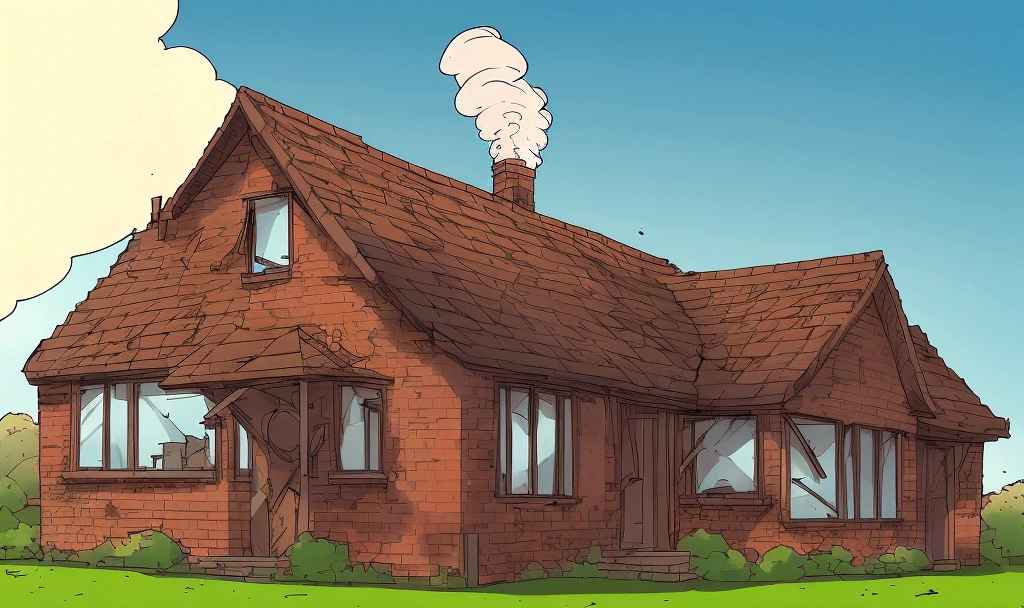 A dilapidated brick house, boarded up windows, slanted roof with chimney, smoke from chimney forming "S M E L L Z", simple, comic style, bold colors, high contrast