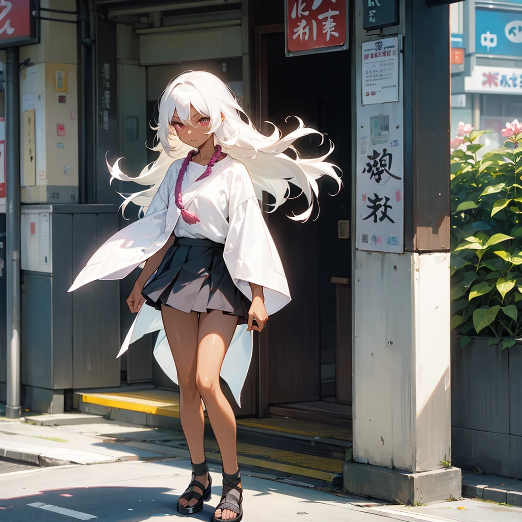 1female, sexy, young adult, dark skin, finely detailed plum eyes, wild medium hair, seashell white hair color, , short skirt, standing on street, day time, tokyo streets, somber expression, flowers