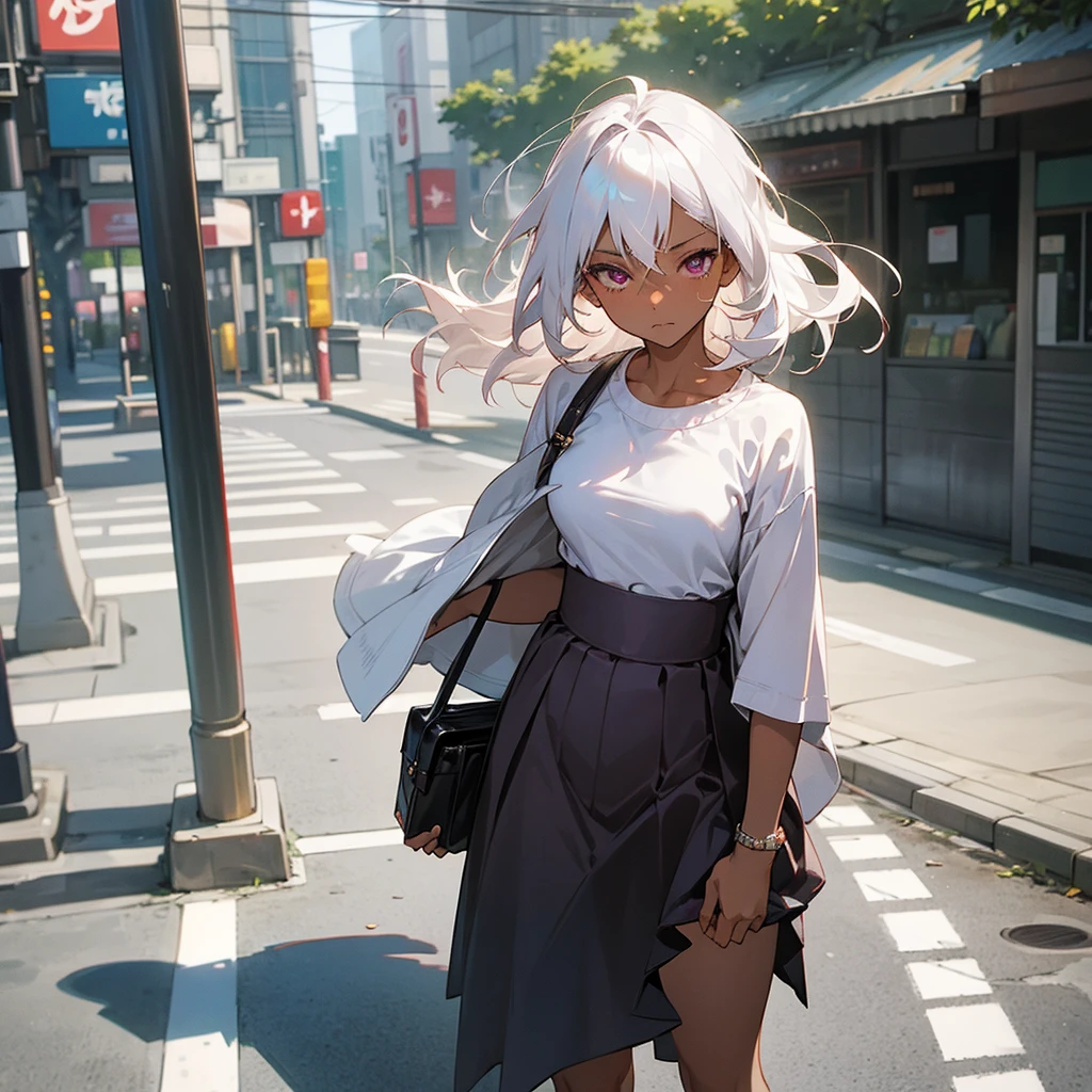 1female, sexy, young adult, dark skin, finely detailed plum eyes, wild medium hair, seashell white hair color, , short skirt, standing on street, day time, tokyo streets, somber expression, flowers