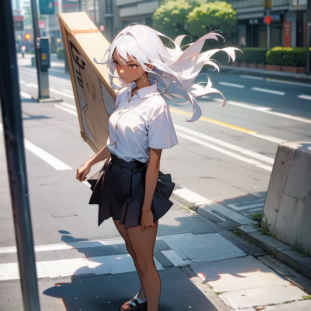 1female, sexy, young adult, dark skin, finely detailed plum eyes, wild medium hair, seashell white hair color, , short skirt, standing on street, day time, tokyo streets, somber expression, flowers