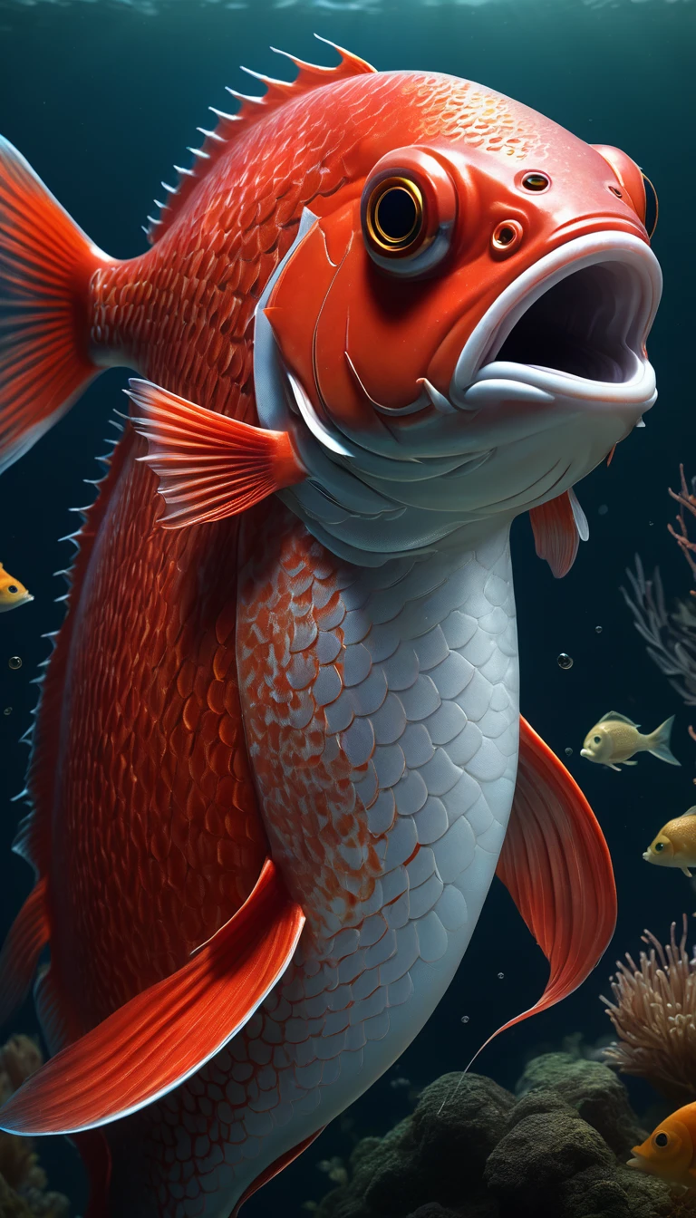 Panorama,河里有一种Mysterious Creatures:Red fish body,Fish head looks like a human face,Mysterious Creatures, shrike, (best quality,4K,8K,High level,masterpiece:1.2),Ultra Detailed,(lifelike,Photo real,Photo real:1.37),Highly detailed animals,Complex patterns,Realistic lighting,Fantasy Creatures