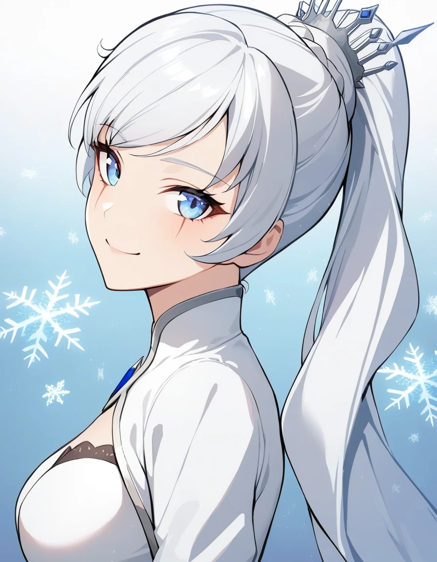 nsfw, masterpiece,best quality,1girl, weiss schnee, solo, smile, looking at viewer, snowflakes, from side, white dress, scar on face, closed mouth, upper body, hair ornament, long sleeves