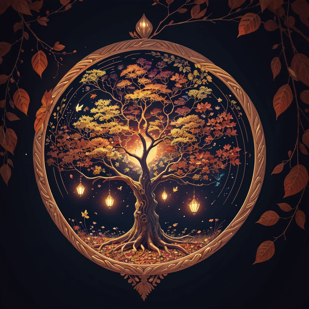 circular tree,four seasons,spring,summer,autumn,winter,leaves,roots,branches,trunk,ornate border,decorative,digital illustration,artwork,movement,time,swirling background,dark background,vibrant colors,natural,life cycle,growth,change,nature,life,peace,harmony,spirituality,symbolism,digital art,illustration,painting,graphic design,art,design,digital media,online art,visual art,fine art,fantasy