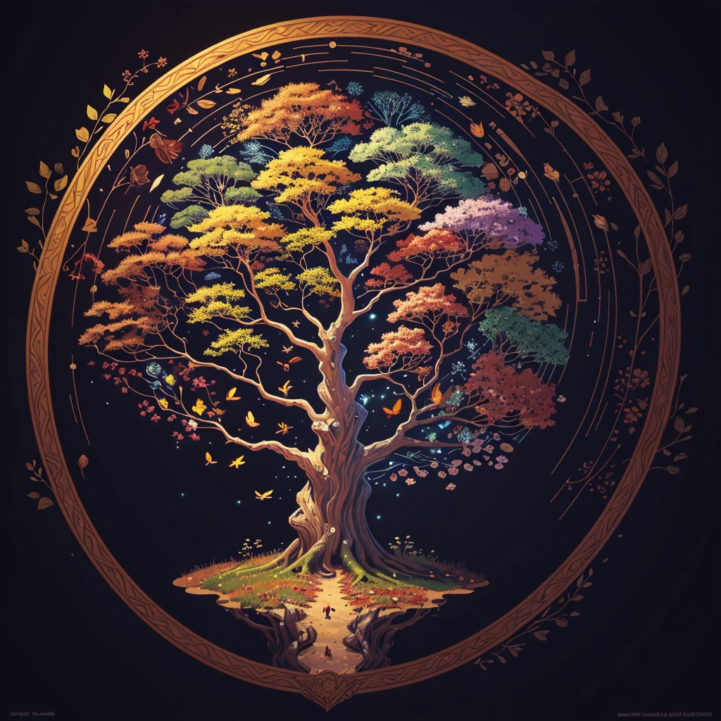 circular tree,four seasons,spring,summer,autumn,winter,leaves,roots,branches,trunk,ornate border,decorative,digital illustration,artwork,movement,time,swirling background,dark background,vibrant colors,natural,life cycle,growth,change,nature,life,peace,harmony,spirituality,symbolism,digital art,illustration,painting,graphic design,art,design,digital media,online art,visual art,fine art,fantasy