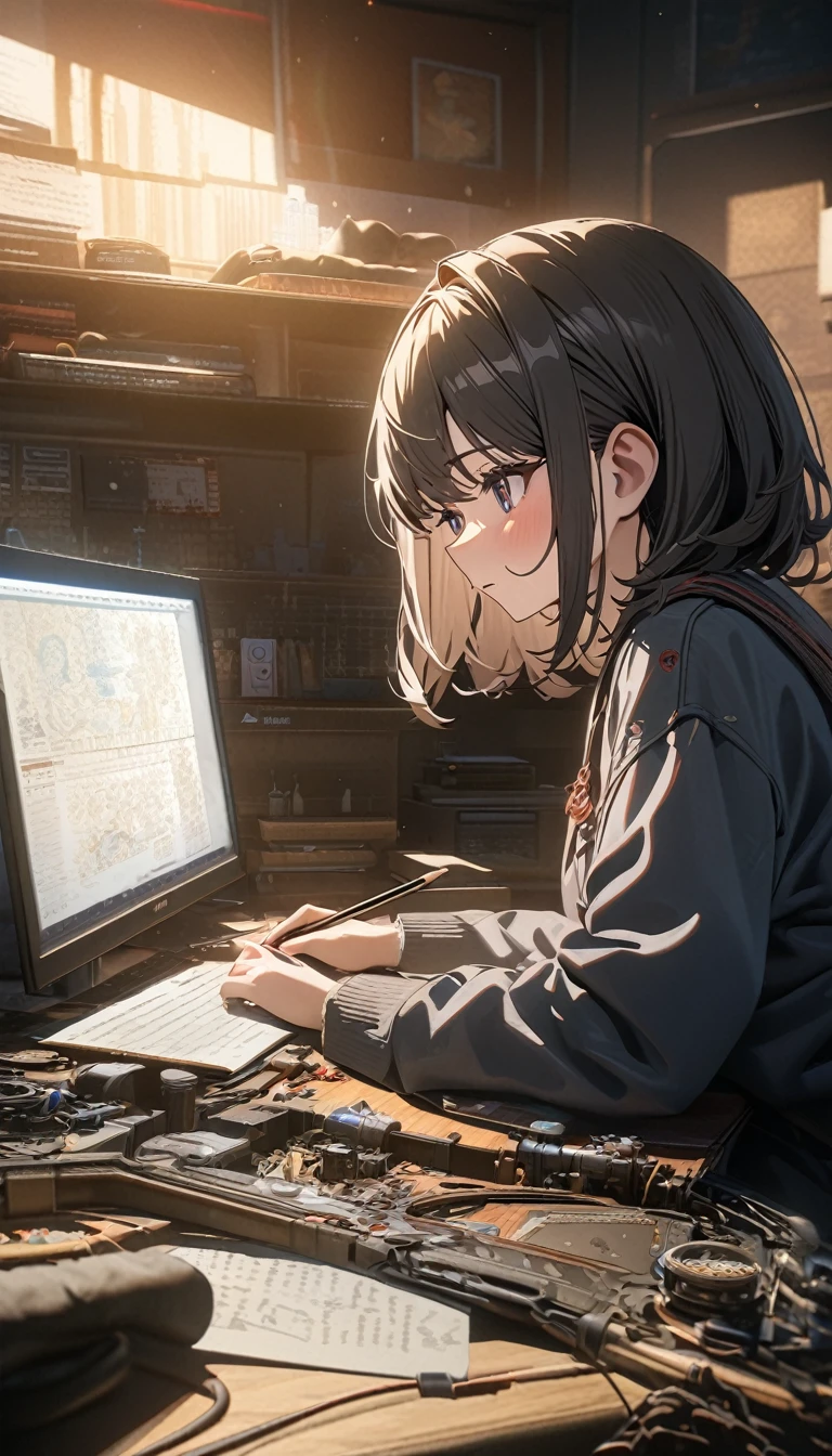 ((masterpiece, best quality)), very aesthetic, ultra detailed, intricate details, highly detailed, UHD, HDR, 8K, perfect face, 1girl, studying in a lofi room, (newest anime art style)