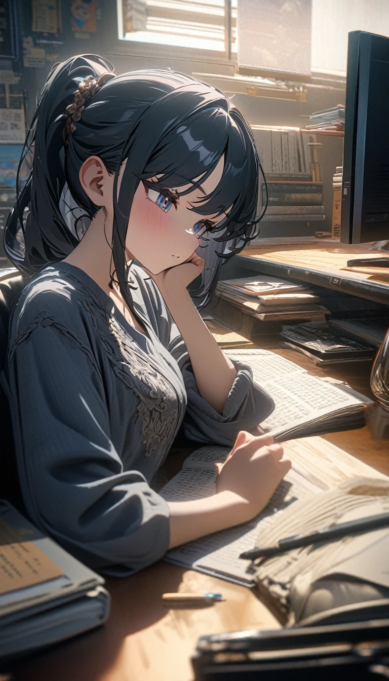 ((masterpiece, best quality)), very aesthetic, ultra detailed, intricate details, highly detailed, UHD, HDR, 8K, perfect face, 1girl, studying in a lofi room, (newest anime art style)