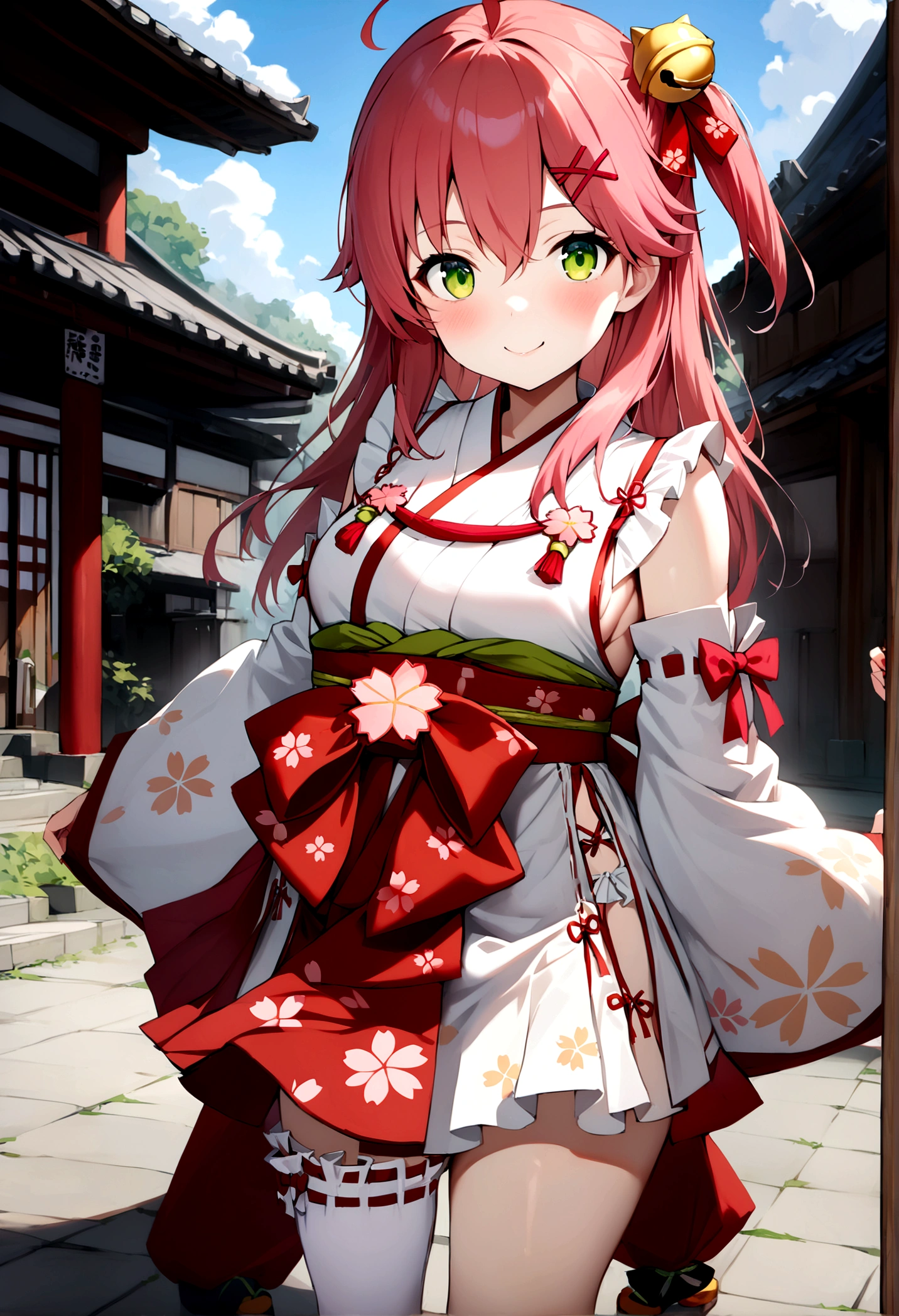 ((masterpiece,Highest quality)),One girl, Day, kimono, View your viewers, Recall, Outdoor, Are standing, Miko 1, sakura miko, Green Eyes, alone, Ahoge, X Hair Ornament, Pink Hair, Single knee socks, Side bust, Hair Clip, Hair Bell, Floral print, Long Hair, Hair between the eyes, One side up, White knee socks, Asymmetrical legwear, Wide sleeves, smile, sunny