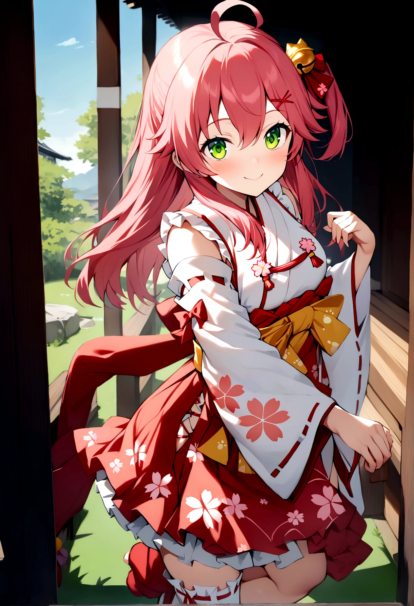 ((masterpiece,Highest quality)),One girl, Day, kimono, View your viewers, Recall, Outdoor, Are standing, Miko 1, sakura miko, Green Eyes, alone, Ahoge, X Hair Ornament, Pink Hair, Single knee socks, Side bust, Hair Clip, Hair Bell, Floral print, Long Hair, Hair between the eyes, One side up, White knee socks, Asymmetrical legwear, Wide sleeves, smile, sunny