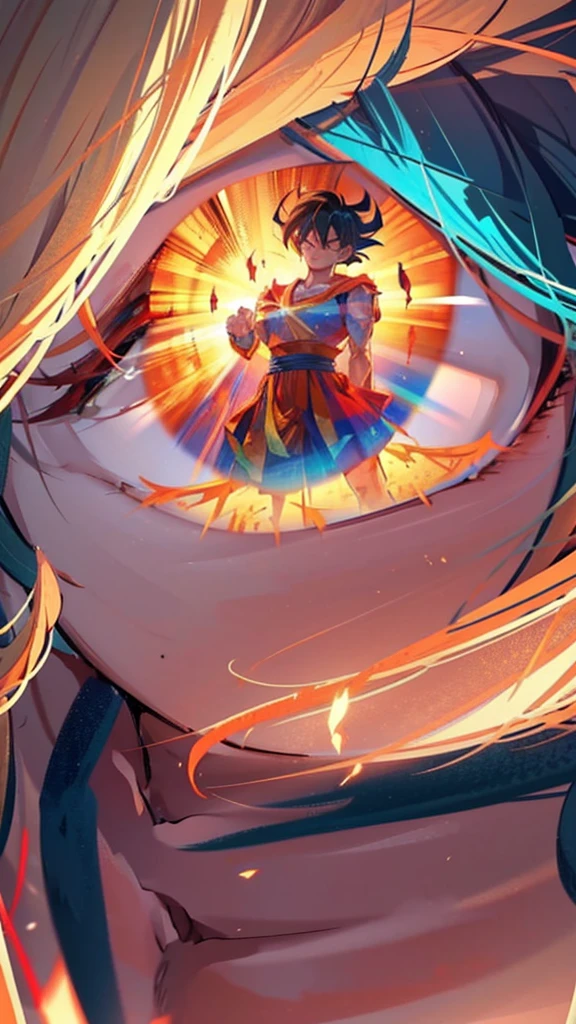 Son Goku from Dragon Ball Super in an epic pose while on top of a mountain while transformed into Super Super Saiyan, detailed, pronounced outline, better detail, red and blue color palette set, HD