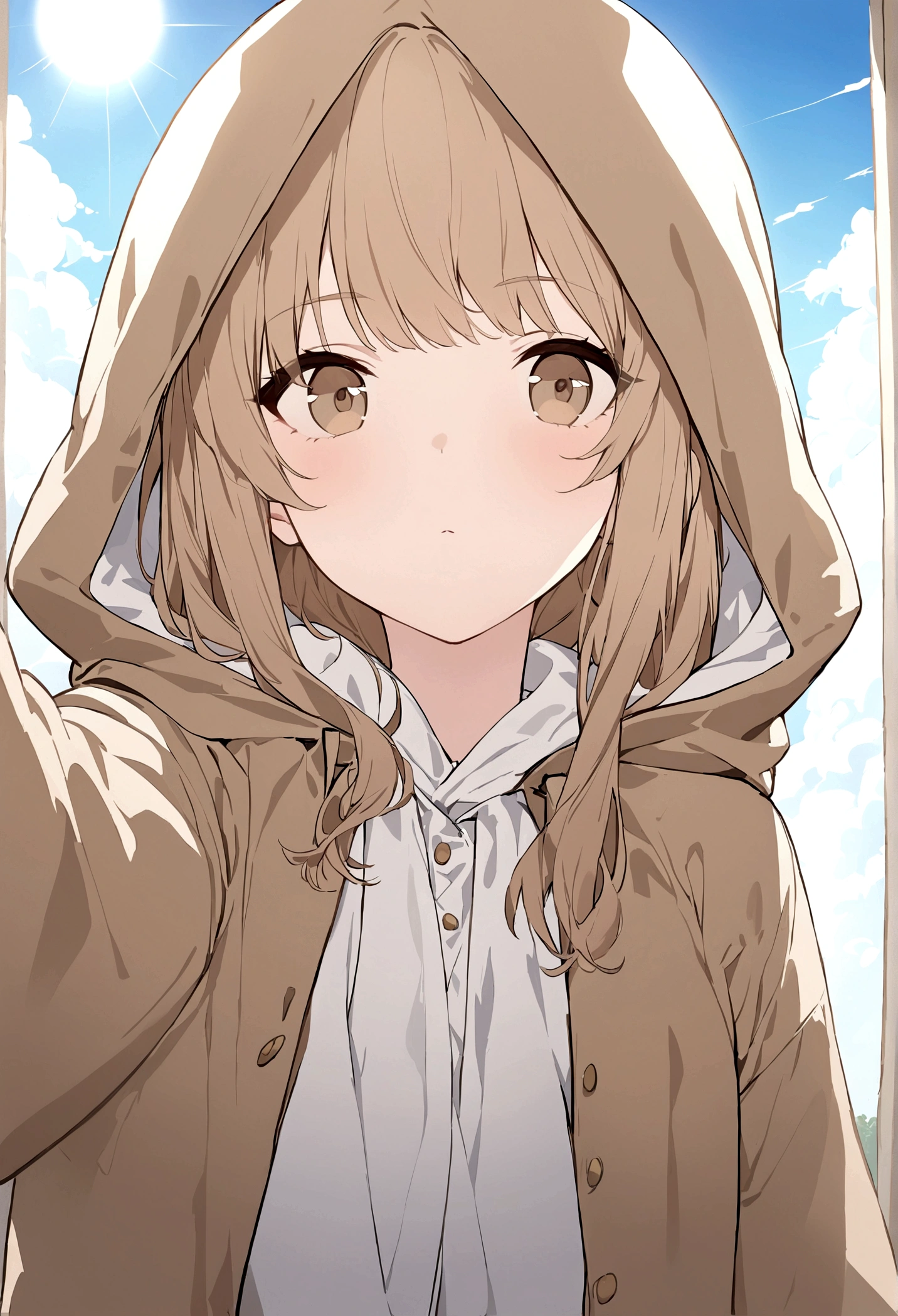 (wallpaper, masterpiece, 32k, 8k) a 17 year old girl, (looking at the sky with her hand stretched high), overcoat, hood over her head, light brown hair, light brown eyes, (beautiful and heavenly face) , sunny sky, sunlight effect on the character