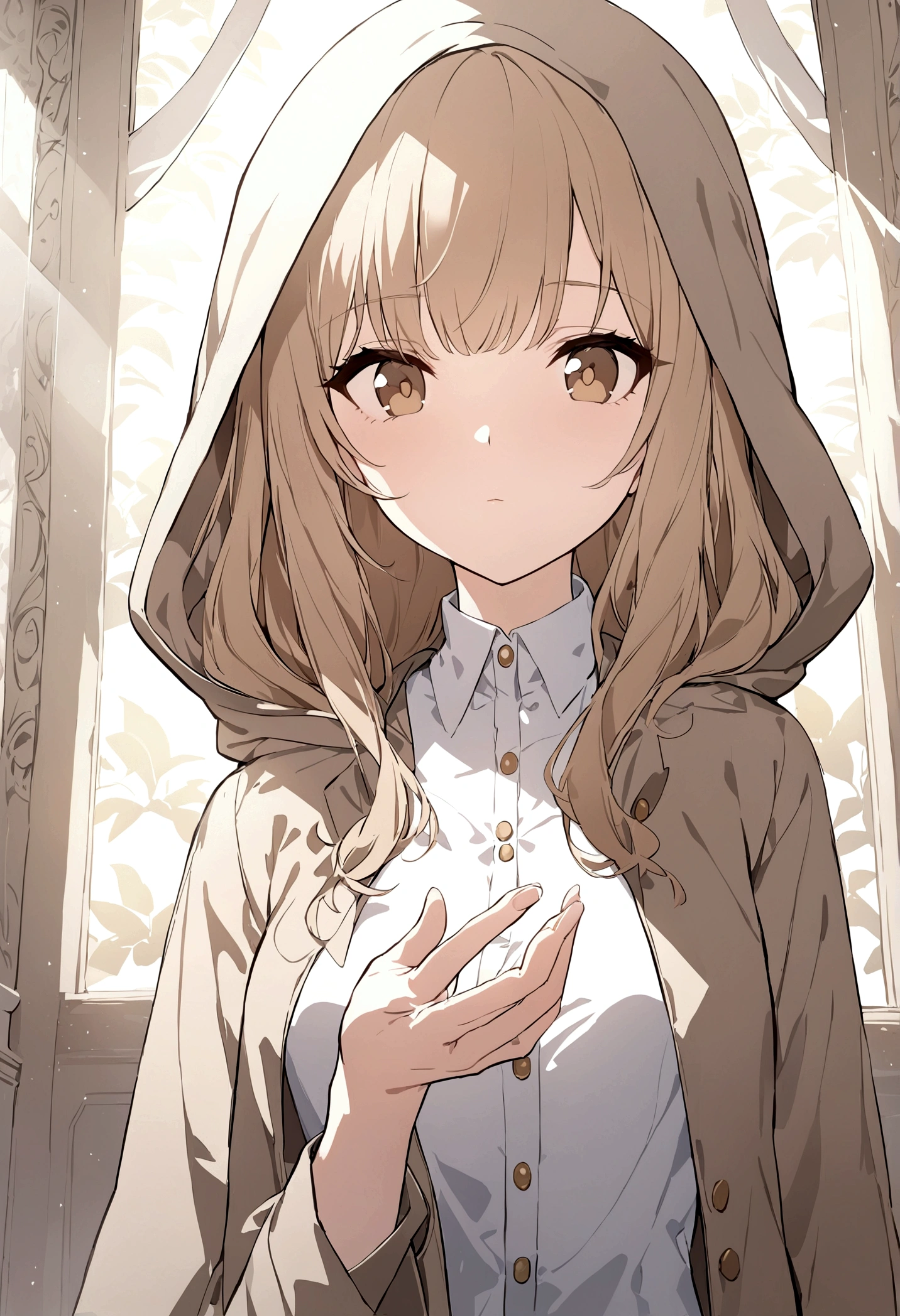 (wallpaper, masterpiece, 32k, 8k) a 17 year old girl, (looking at the sky with her hand stretched high), overcoat, hood over her head, light brown hair, light brown eyes, (beautiful and heavenly face) , sunny sky, sunlight effect on the character