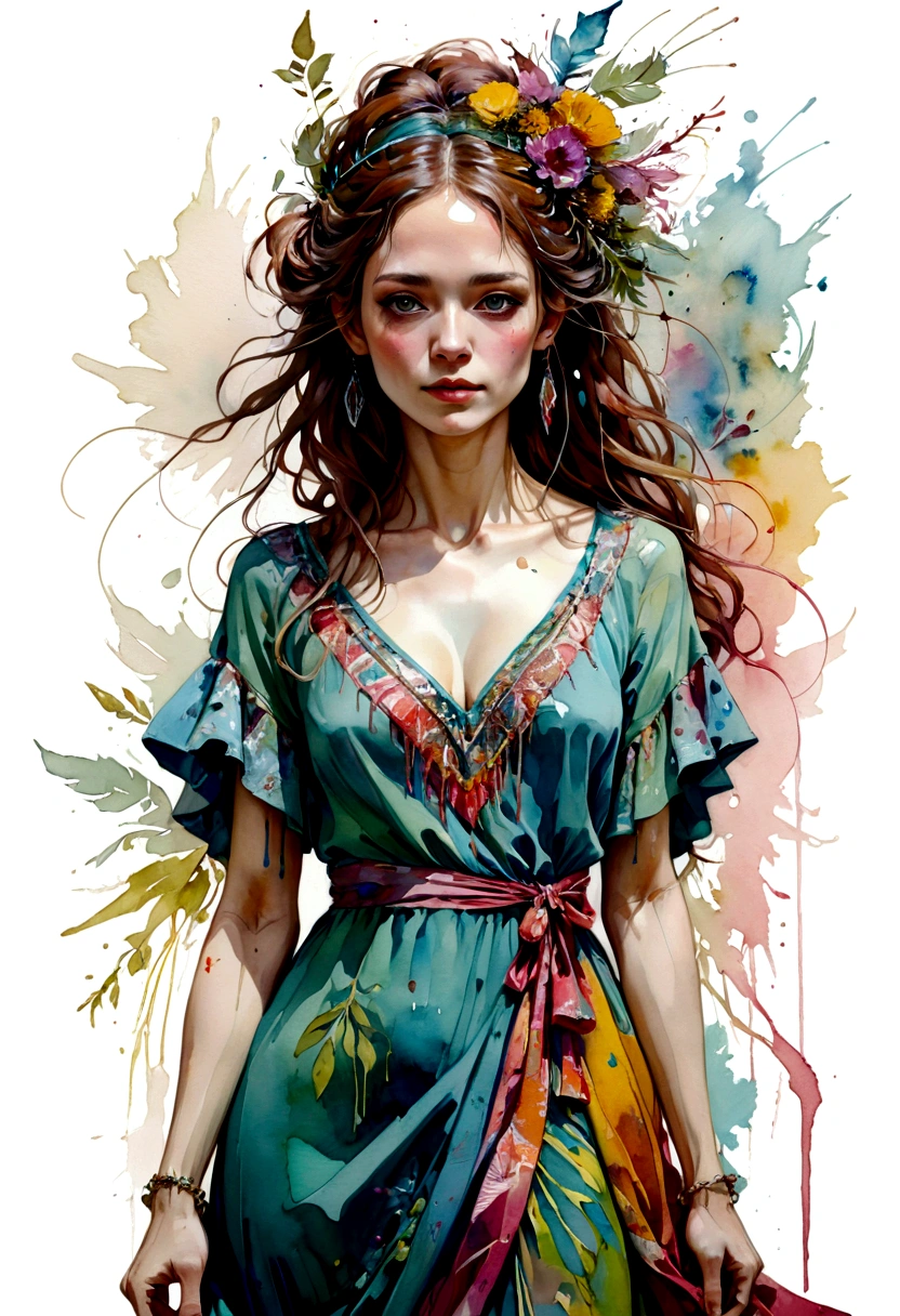 a painting of a woman in a colorful dress, a gouache by Carne Griffiths, pinterest, figurative art, mixed media, watercolor, feminine